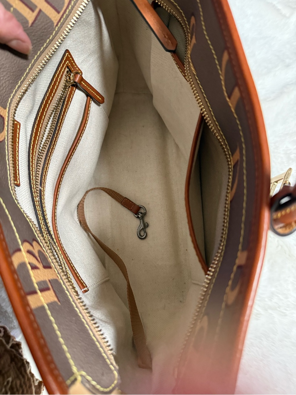 Dooney and Bourke  Monogram Taupe Yellow Tote Bag with Tan Trim - Picture 9 of 10